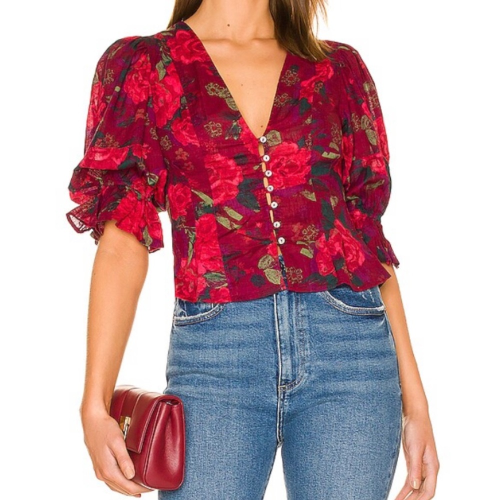 Free People ‘I Found You’ Top Size X-Small, Floral, Pouf Sleeve Button Down